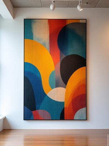 Grande tapisserie d'art moderne avec des formes fluides et des couleurs vibrantes